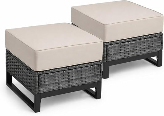 Outdoor Ottomans Set of 2, PE Wicker Patio Footstools with Removable Cushions, All-Weather Rattan Outdoor Ottoman Set for Patio, Backyard, Garden, Porch, Beige