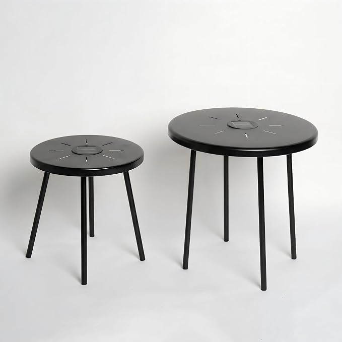 2-Pack Solar Powered Nesting Round Side Table Set, Waterproof Powder-Coated Metal End Table with Solar LED Indicator, Stackable Indoor Outdoor Patio Accent Table for Backyard Garden Balcony Bedroom