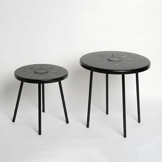 2-Pack Solar Powered Nesting Round Side Table Set, Waterproof Powder-Coated Metal End Table with Solar LED Indicator, Stackable Indoor Outdoor Patio Accent Table for Backyard Garden Balcony Bedroom