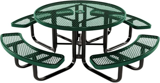 COATEDOUTDOORFURNITURE Heavy-Duty Portable Outdoor Kids Table with Umbrella Hole, Expanded Metal Kids Picnic Table, Commercial-Grade, Made in America (46 in, Round, Childrens, Textured Green)