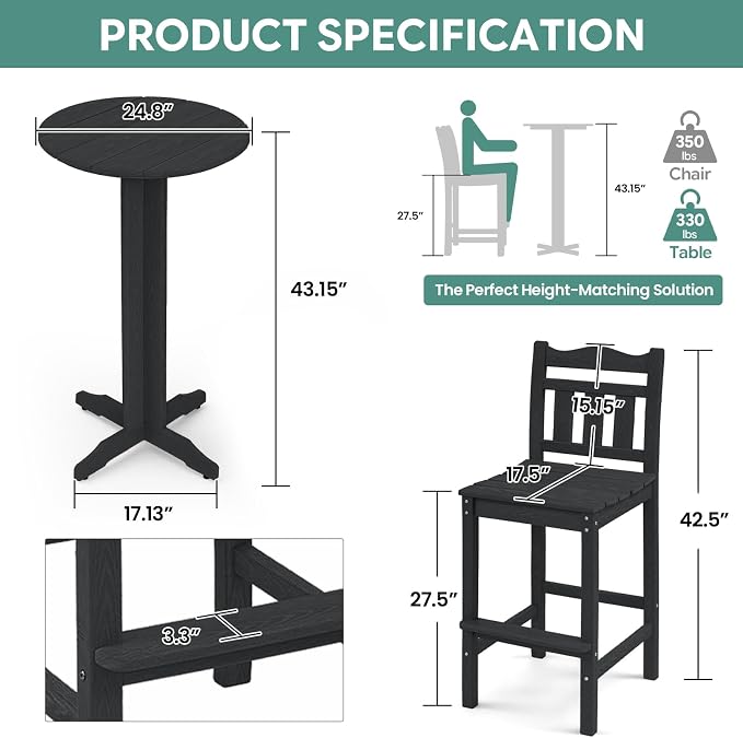 Outdoor Bar Stools Set of 2, HDPE Tall Adirondack Bar Chairs 27.5 Inch Seat Height w/Backrest, All Weather Patio Bar Height Chairs for Bistro Balcony Deck Poolside (Black)