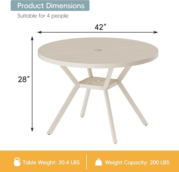5 Piece Patio Dining Set for 4 Swivel Chairs and 42” Round Metal Table with Umbrella Hole, All Weather Patio Dining Furniture Set for Deck Lawn Backyard, Sandshell