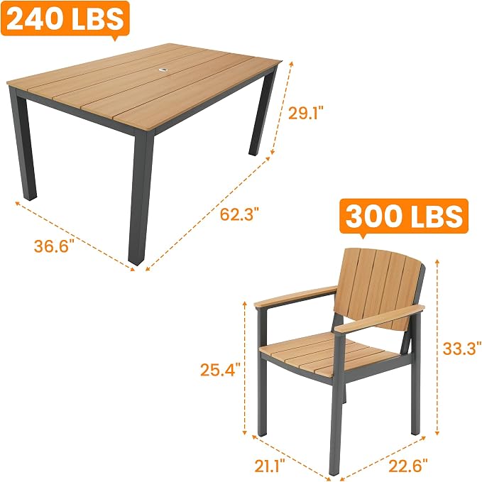 Outdoor Dining Chairs Set of 2, Aluminum Patio Dining Chairs with Armrest for Ergonomic Design, Aluminum Frame HDPS Faux Wood, All Weather Outdoor Furniture for Garden and Indoor Nature Wood