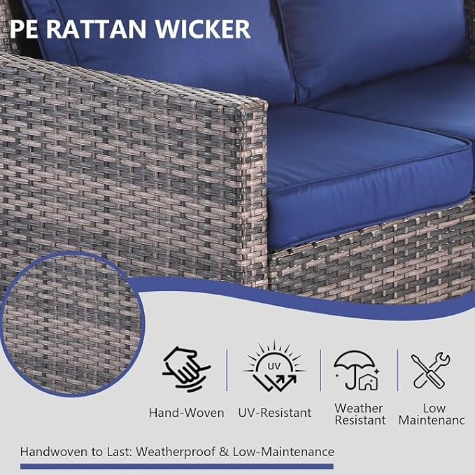 LAUSAINT HOME 3 Pieces Outdoor Patio Furniture, Outdoor Sectional Sofa Patio Furniture Sets Wicker Rattan Patio Conversation Sets with Cushion and Glass Table (Dark Blue)