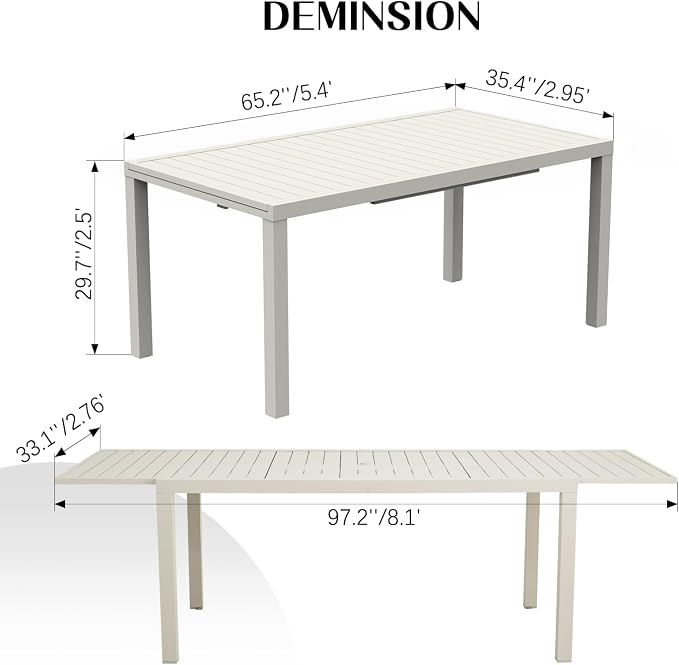 Domi Outdoor Expandable Dining Table for 6-8, Aluminum Extendable Dining Table 65"-97" with Umbrella Hole, Metal Outdoor Patio Table Rectangle for Backyard Garden, Black