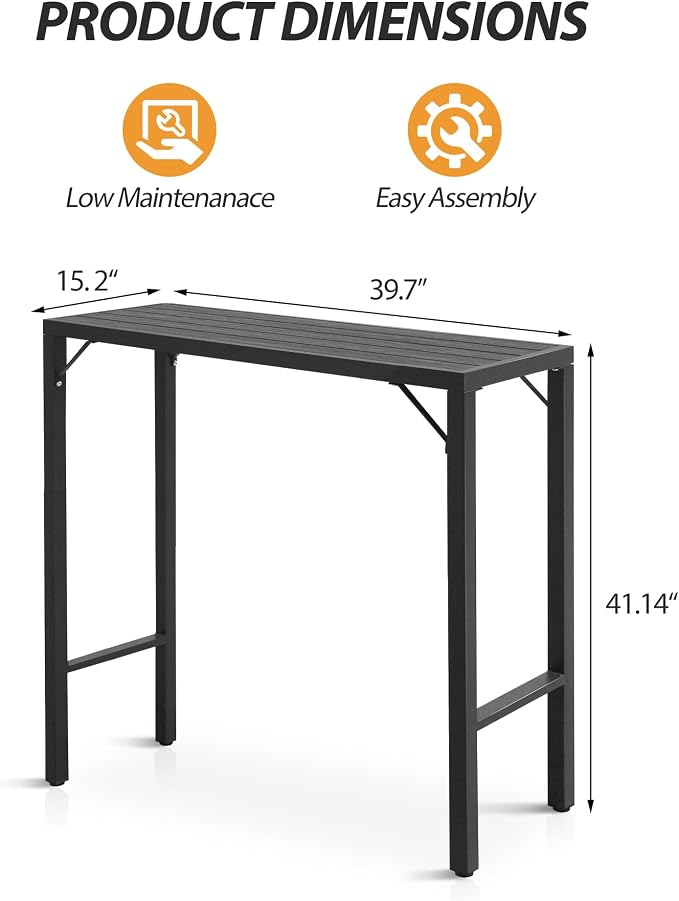 Outdoor Bar Table, 39” Patio Bar Height Table, Bar Counter Pub Dining Table with Waterproof Top for Balcony, Garden, Yard, Poolside (Black)