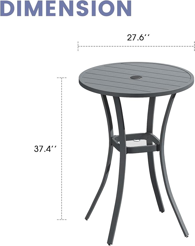 VICLLAX Outdoor Bar Table, 28" Wide Round Patio Bar-Height Table Weather Resistant Metal Slatted Tabletop with Umbrella Hole for Front Porch Deck, Backyard, Dark Grey