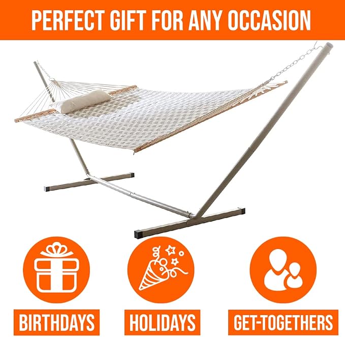 Castaway Living Large 2-Person Quilted Hammock with Stand & Pillow – Chevron, 10 ft. L x 52 in. W, 350 lb Capacity, Weather-Resistant Polyester, Portable Space-Saving Frame