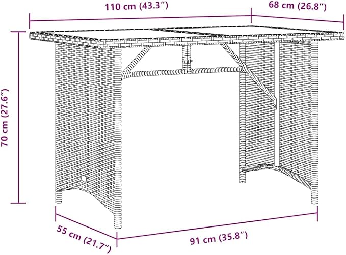 Garden Table 43.3x26.8 Inch, Grey PE Rattan Outdoor Table with Tempered Glass Top, Powder Coated Steel Frame for Patio Balcony Dining