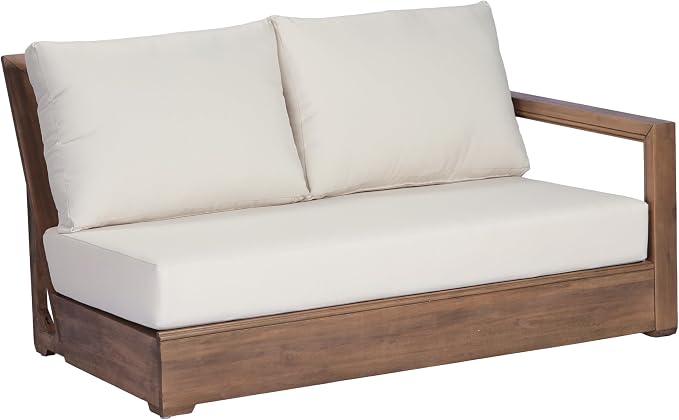 Christopher Knight Home L-Shaped Outdoor Patio Sectional Sofa Set, 3-Seater Acacia Wood Floor Seating Patio Couch with Cushions, Modular Outdoor Patio Furniture for Backyard Porch Deck, Beige+Brown