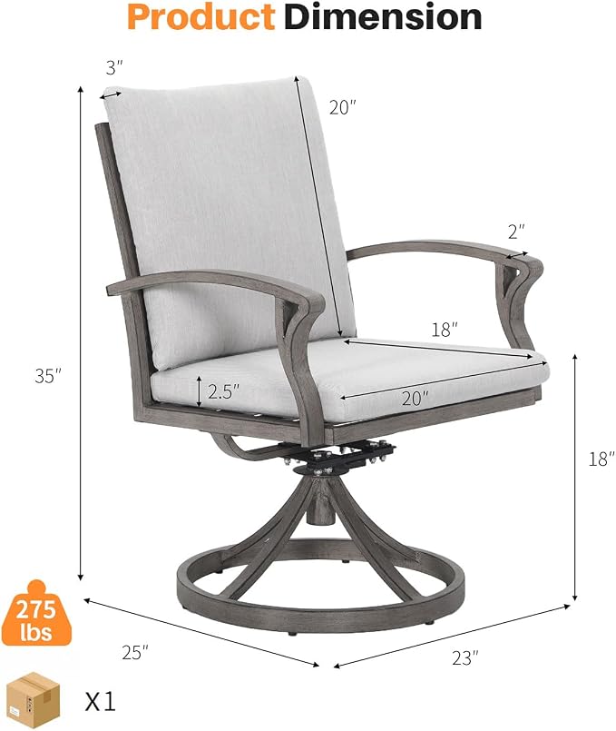 Swivel Patio Dining Chairs Set of 2, Never-Rust Aluminum Outdoor Swivel Rocking Dining Chairs with Cushions, Outdoor Dining Set Patio Furniture Set for Backyard, Deck, Garden, Pool, Limed Oak