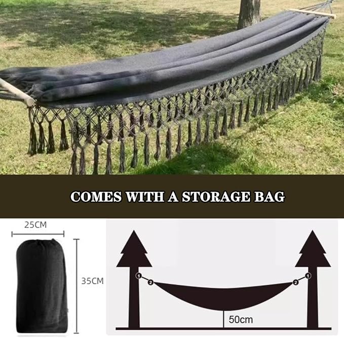 Outdoor Leisure Hammock with Tassels, Garden Anti-Rollover Swing with Storage Bag, for Travel/Camping/Beach, Load Bearing 150kg/330.7lbs(Dark Grey)