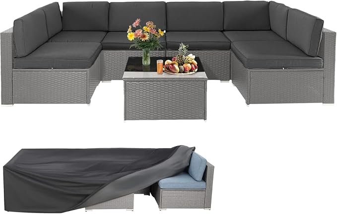 Betterland 7 Piece Outdoor Sectional Sofa Patio Furniture Set, All-Weather PE Grey Wicker Patio Conversation Set with Washable Cushion, Glass Table and Waterproof Cover(Grey Cushions)