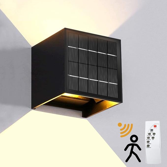 Solar Powered Motion Sensor Square Outdoor Wall Lights,Black Modern Up and Down Wall Lamps 10W,IP65 Waterproof Warm White 3000K Wall Sconce Light Exterior for Fence,Garden