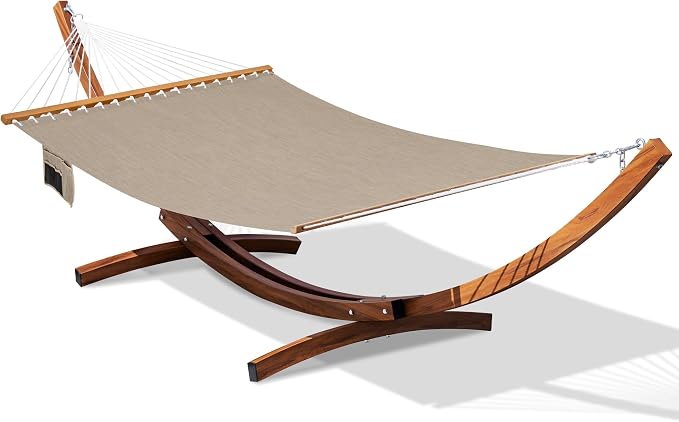 Lazy Daze Hammocks 12 FT Double Quick Dry Olefin Blend Hammock with Curved Steel Heavy Duty Stand for Outside, Backyard, 450 Lbs Capacity, Khaki