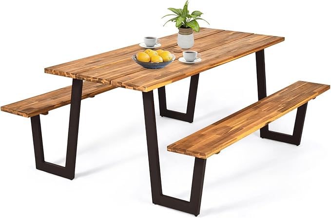 S AFSTAR 70" Outdoor Picnic Table, Heavy Duty Wooden Table and Bench Set with Umbrella Hole, All-Weather Acacia Wood Picnic Tables for 6, Garden, Backyard, Porch, Patio