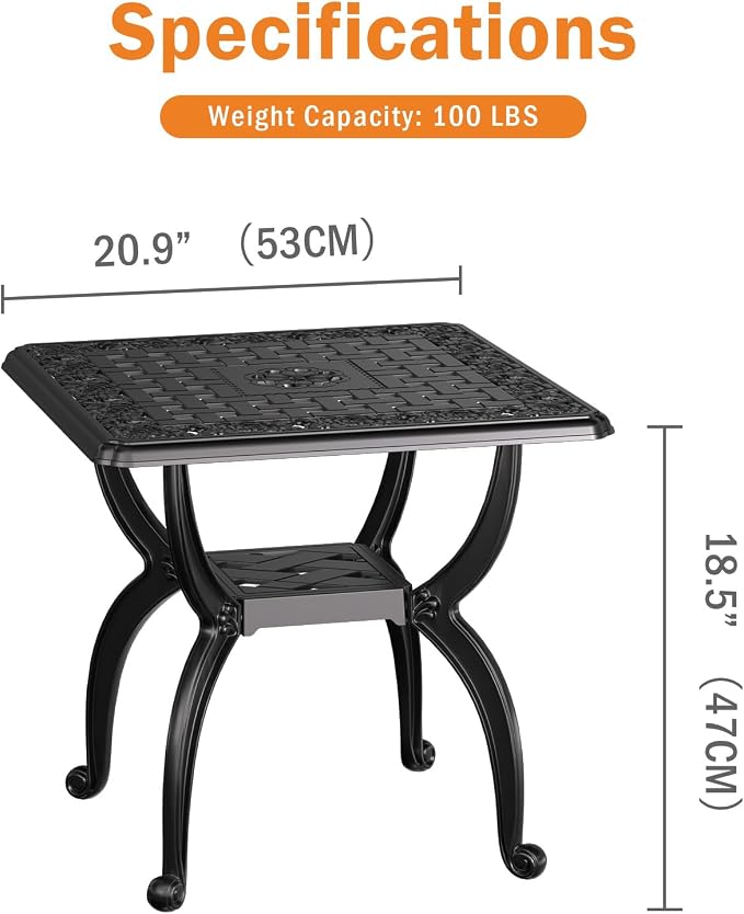 21" Patio Bistro Table, Cast Aluminum Side Table, Outdoor End Table for Garden/Yard/Pool/Porch, Black