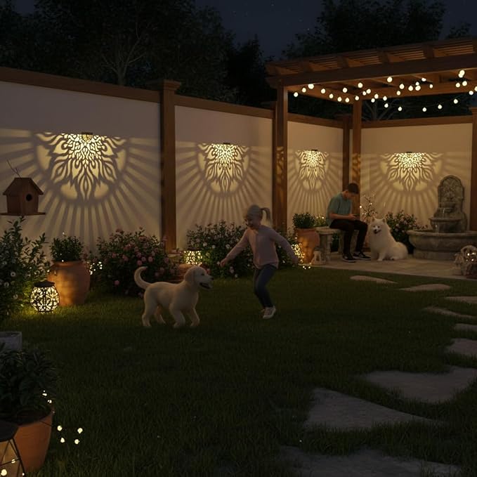 4 Pack Solar Fence Lights Outdoor Wall Lights Plastic Solar Powered Deck Step Stair Lights Mandala Theme Waterproof Fence Solar Light for Garden Post Patio Yard Decor, Gardening Gifts for Women Mom