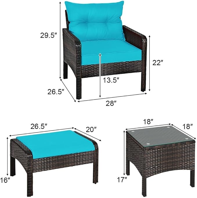 5 PCS Patio Rattan Furniture Set Sofa Ottoman Table Cushioned Turquoise