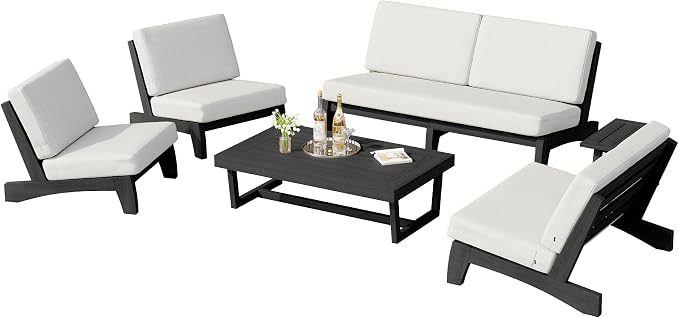 6 Piece Teak Outdoor Patio Frutnire Set, 7 Seater Patio Conversation Sets with Thick Cushions, Outdoor Sectional Furniture with Coffee Table - Beige