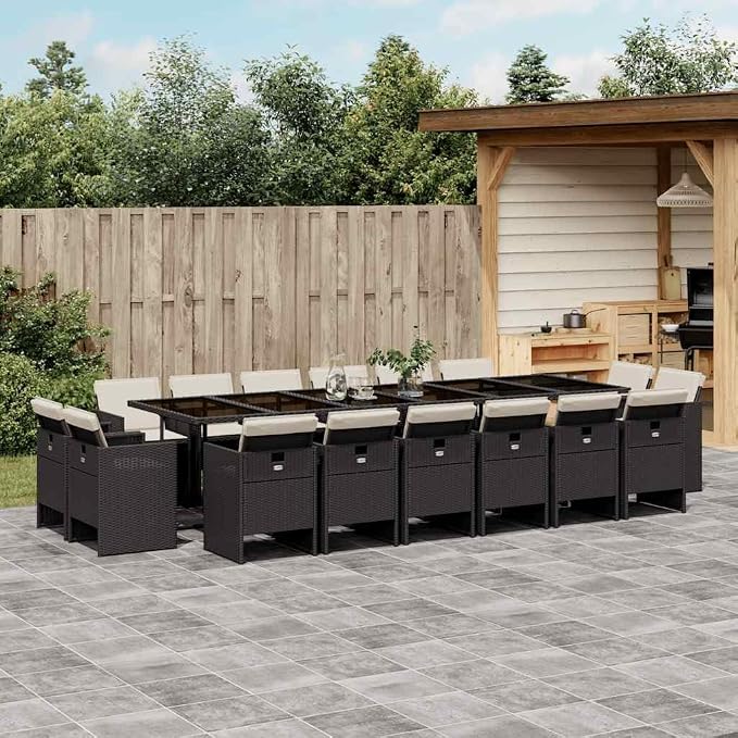 17 Piece Patio Dining Set with Cushions Black Poly Rattan Outdoor Table and 16 Folding Chairs with Removable Washable Covers for Garden Backyard Entertaining