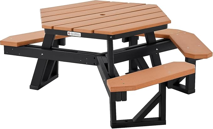Global Industrial Outdoor 46" Hexagonal ADA Accessible Picnic Table with 3 Attached Benches, Recycled Plastic Construction, 1600 Lbs Weight Capacity, Cedar