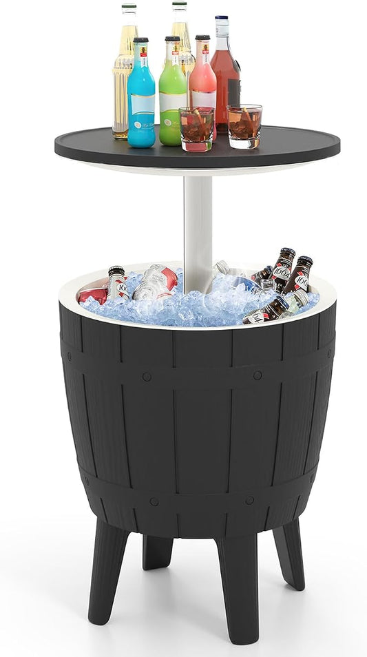 10 Gallon Cooler Table, Cool Bar Table with Height Adjustable Tabletop & Drainage Plug, 3-in-1 Cocktail Drinks & Wine, Outdoor Cooler Side Table for Backyard, Party, Poolside (Black)