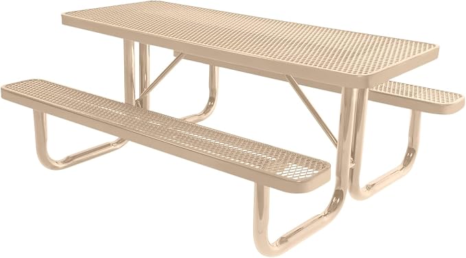 COATEDOUTDOORFURNITURE Heavy-Duty Portable Outdoor Picnic Table, Thermoplastic Coated Expanded Metal Commercial-Grade Patio Furniture Made in America (6ft Rectangular, Tan with Tan Frames)