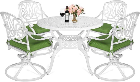 MEETWARM 5-Piece Outdoor Patio Dining Set, All-Weather Cast Aluminum Patio Conversation Set for Backyard Garden Deck with 4 Cushions Swivel Rocker Chairs and 38.5" Round Table, White