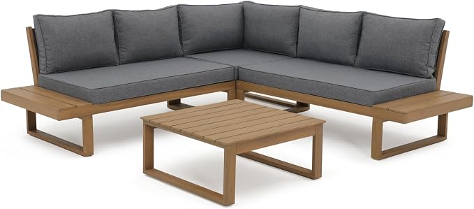Soleil Jardin 4 Piece Acacia Wood Patio Furniture L-Shaped Outdoor Sectional Sofa Set with Coffee Table, FSC Certified Conversation Set with Built-in Side Table and Grey Cushions for Garden
