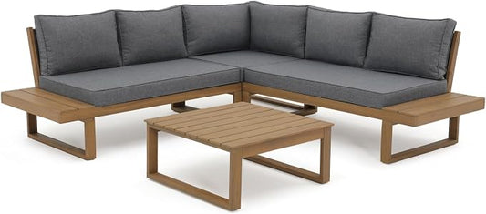 Soleil Jardin 4 Piece Acacia Wood Patio Furniture L-Shaped Outdoor Sectional Sofa Set with Coffee Table, FSC Certified Conversation Set with Built-in Side Table and Grey Cushions for Garden