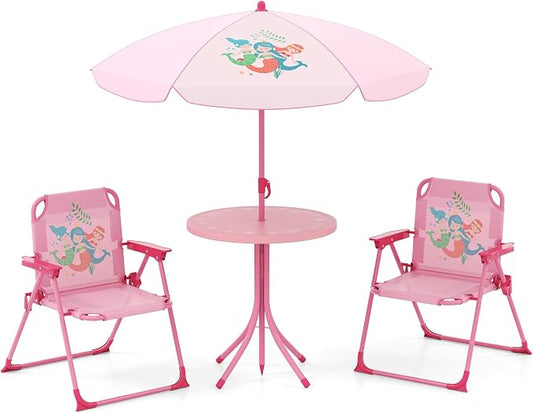 KOTEK Kids Picnic Table with Umbrella, Outdoor Table & 2 Folding Chairs, Cute Pattern Children’s Patio Furniture, Portable Kids Table and Chair Set for Backyard, Garden, Beach (Pink)