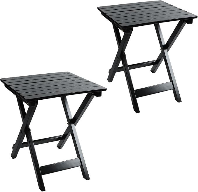 Outdoor Wooden Side Table, Folding Patio End Table Set of 2, Small Square Furniture Table for Adirondack Chair, Balcony, Porch, No Assembly, Black