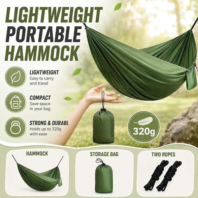 Camping Hammock Lightweight Portable Double Swing with 2 Tree Straps, Heavy Duty Parachute Nylon Bed for Backpacking Hiking Beach, Outdoor Essentials for Backyard Patio Camping Gear (Forest Green)
