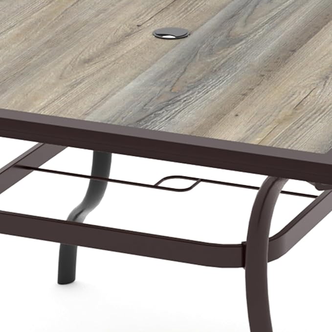 Anmutig Outdoor Dining Table with Square Wooden-Like PVC Table Top and Umbrella Hole for Bistro, Garden, Poolside, Backyard -Laminated Top Brown Metal Steel Frame