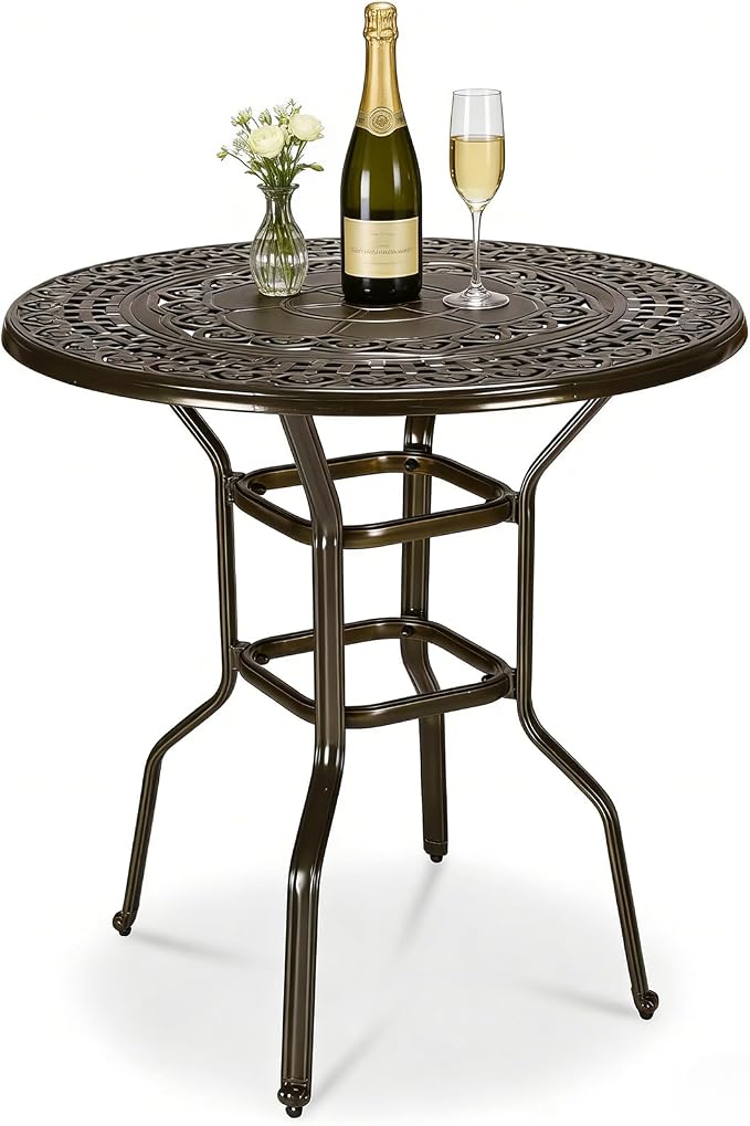 MEETWARM Patio Height Bar Table, 38.5" Bar Height Bistro Table, Outdoor Cast Aluminum Bistro Round High Top Dining Table with 2" Umbrella Hole for Garden Deck Backyard, Dark Bronze