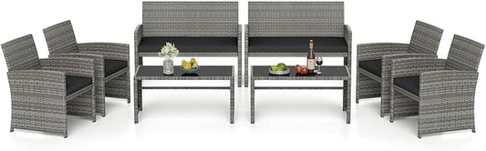 RELAX4LIFE 8-Piece Patio Furniture Set - Wicker Rattan Outdoor Sectional Sofa Set w/Glass Coffee Table, Loveseat, 2 Chairs & Soft Cushions, Bistro Conversation for Garden Porch (2, Grey-Black)