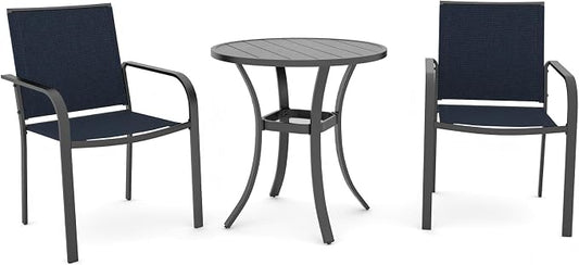 Anmutig 3-Piece Outdoor Dining Set, Small Metal Bistro Table with 2 Stackable Sling Chairs, 27.5 x 27.5 Inch Round Table, Blue Fabric