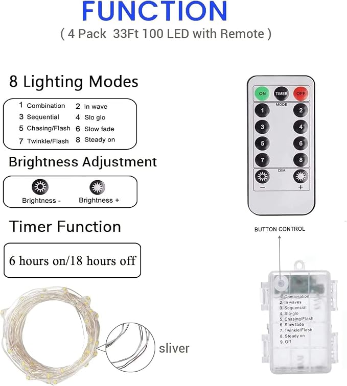 4 Pack Fairy Lights Battery Operated with Remote Timer 33FT 100LED Blue | Remote Control, 8 Modes, Timer, Adjustable brightness, Waterproof Lights for Indoor Outdoor Classroom Christmas Decor