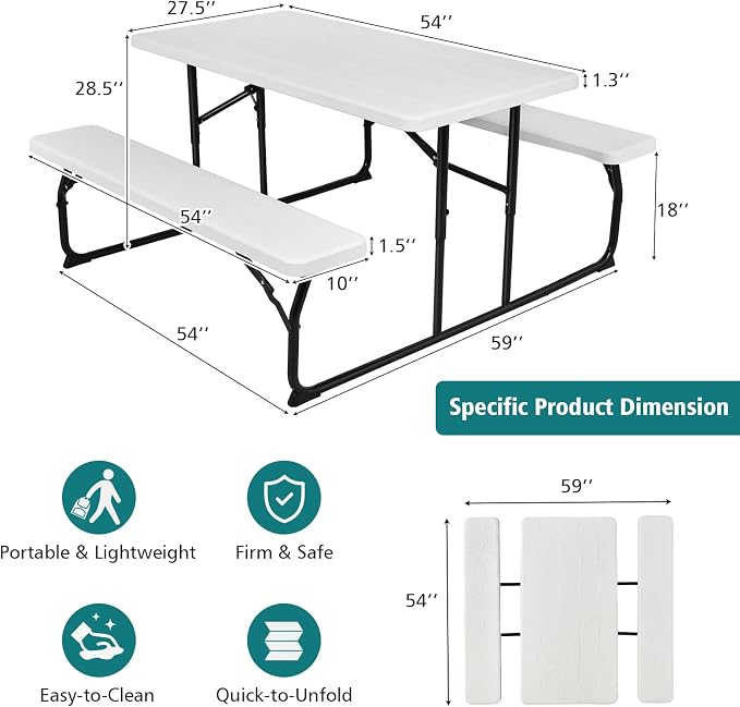 S AFSTAR Folding Picnic Table, Plastic Picnic Table with 2 Benches, Outdoor Foldable Table and Bench with Steel Frame & Wood-Like Texture Tabletop, Camping Chair Set for Garden Patio Lawn(White)