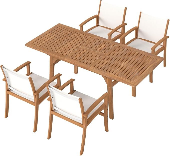 SUNSITT 5-Piece Outdoor Patio Dining Set, 55" - 71" Acacia Wood Expandable Table & 4 Breathable Textilene Mesh Chairs, All-Weather Patio Furniture w/Umbrella Hole for Backyard, Deck, Garden, White