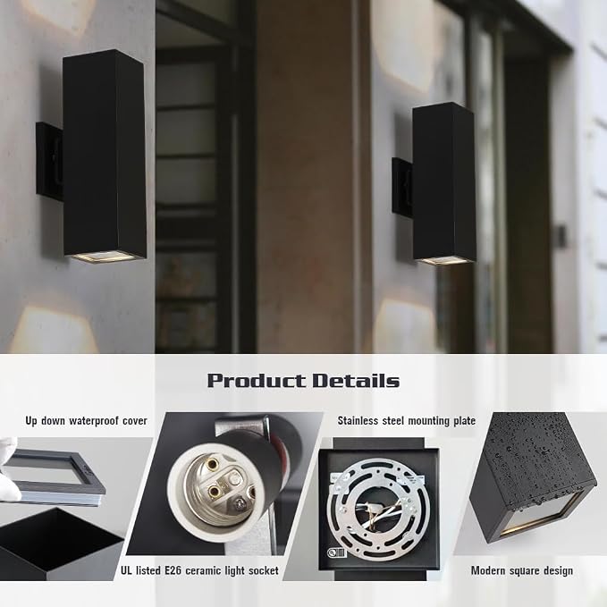 Aluminum Modern Outdoor Wall Light, Exterior Up Down Light Fixtures Matte Black [UL Listed] (2 Pack) | E26 Base,UL listed,Aluminum Up and Down Lights Outdoor Exterior Wall Light Fixture Porch Light for House Garage Patio Garden