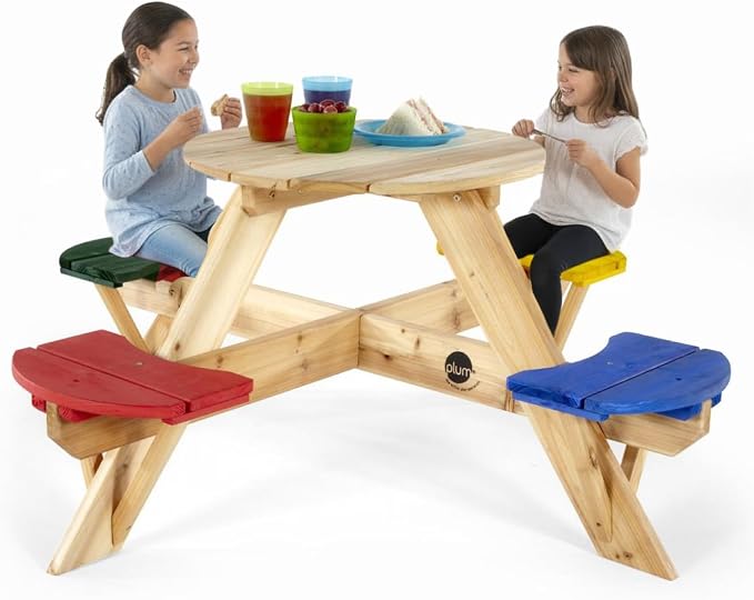 Plum® Kids Picnic Table - Wooden Toddler Table and Chairs Set, Outdoor Furniture for Patio, Garden, Backyard Dining & Activity, 4 Built-in Benches, Sturdy, Durable, Weatherproof, Ages 3+, Natural