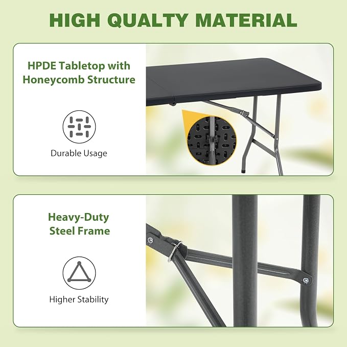 6FT Folding Table, Heavy Duty Plastic Table Portable Fold-in-Half Utility Table Indoor Outdoor Picnic Table w/Handle & Lock for Camping BBQ Party Wedding Market Events, Black
