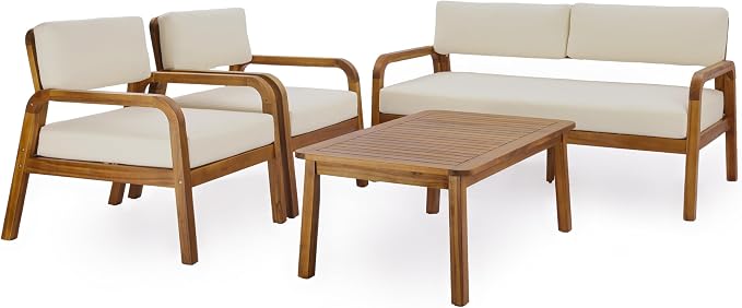 Christopher Knight Home 4 Piece Outdoor Conversation Sofa Set with Coffee Table, Acacia Wood Patio Furniture Set with Cushions, Loveseat 2 Chairs and Table, Teak Finish Outdoor Seating Set
