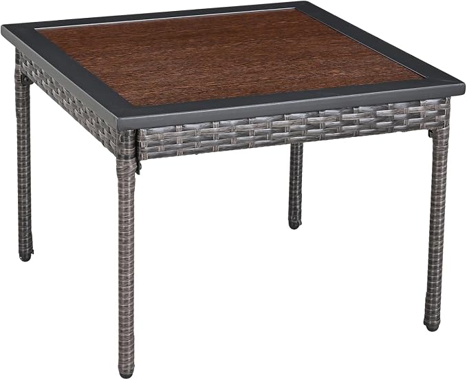 Outdoor Square Coffee Table Metal Wicker Patio Table with Wood Grain Tabletop Steel Frame