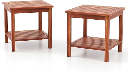 HAPPYGRILL Wood Outdoor Side Table Set of 2, Patio Square End Table, Sturdy Acacia Wood Coffee Table for Porch, Poolside, Backyard, Garden, Balcony, Living Room