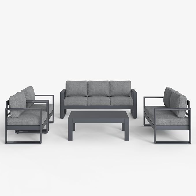 LayinSun 5 Pieces Aluminum Outdoor Patio Furniture Set, Metal Modern Conversation Sofa Set with Coffee Table and Washable Thick Cushions for Porch, Backyard, Deck