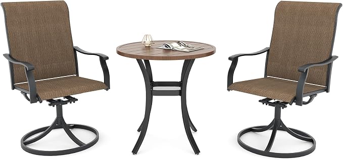 Anmutig 27.5 Inch Brown Top Outdoor Patio Round Table with Brown Yellow Textilene Swivel Rocking Chairs Set 2 - Style1