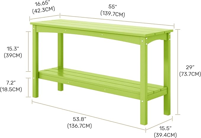 Costaelm Adirondack Outdoor Side Table, 55” HDPE Small Outside Table with Storage Shelf, Weather Resistant Outdoor Plant Shelf, Porch Table and Outdoor Table for Pool & Yard, Lime